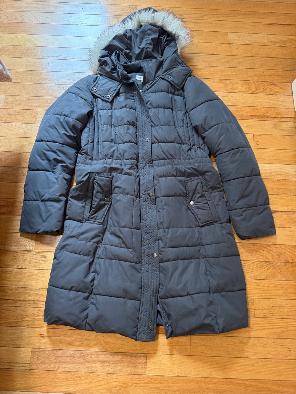 Merona Charcoal Gray Long Quilted Hooded Puffer Coat with Faux-Fur Trim